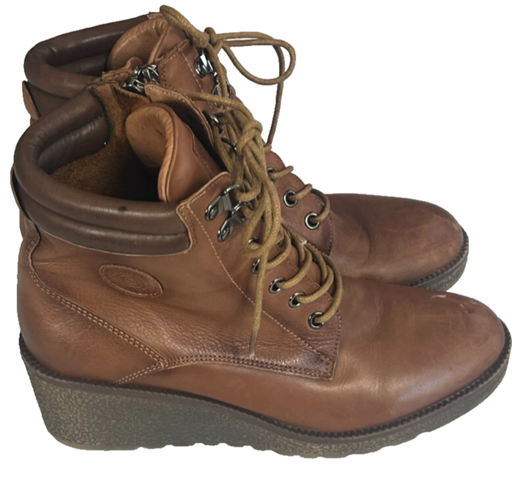 Carmela Boots Women's US 8 EU 39 Brown Leather Wedge Zip Up Lace Up